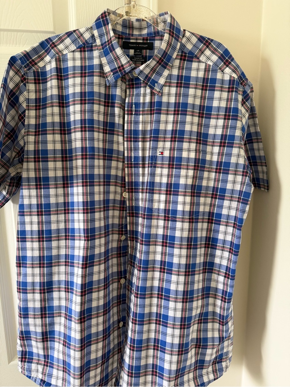 Tommy Hilfiger White, Blue & Red Plaid Short-Sleeve Button-Down Shirt